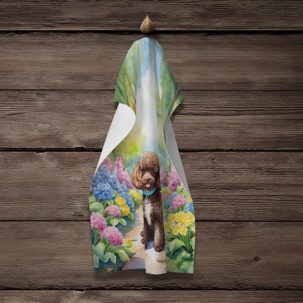 Chocolate Poodle Spring Path Kitchen Towel Velour Plush Front and Cotton Loop Back Machine Washable