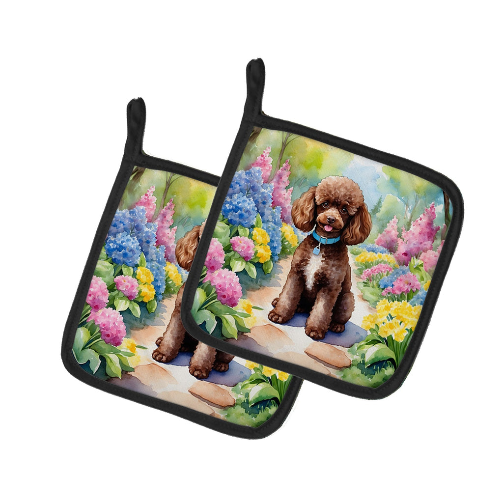 Chocolate Poodle Spring Path Pot Holder Set of 2 Heat Resistant Quilted Hot Pads 7.5 x 7.5 Inch, Insulated Kitchen Trivets for Cooking & Baking