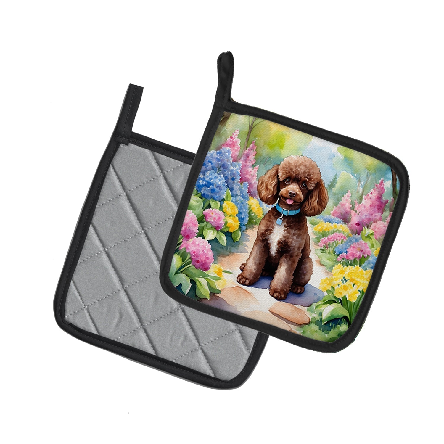 Chocolate Poodle Spring Path Pot Holder Set of 2 Heat Resistant Quilted Hot Pads 7.5 x 7.5 Inch, Insulated Kitchen Trivets for Cooking & Baking