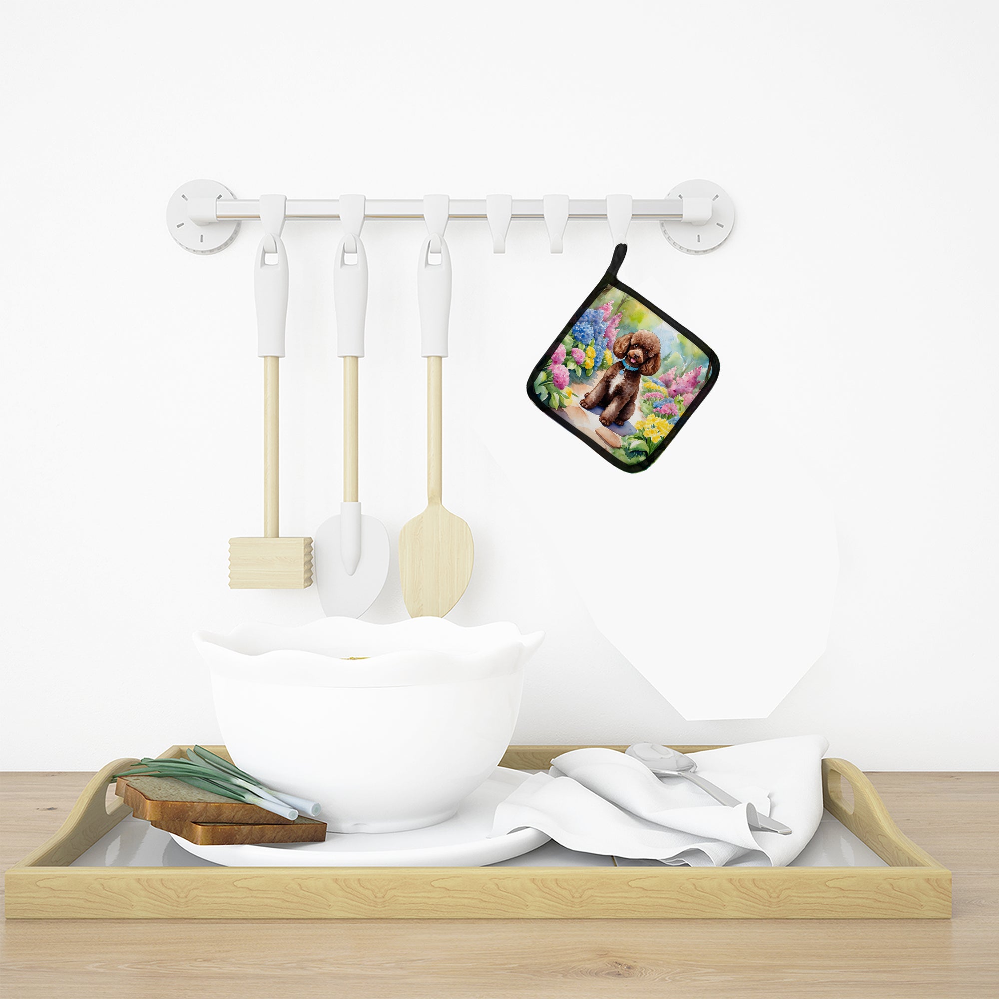 Chocolate Poodle Spring Path Pot Holder Set of 2 Heat Resistant Quilted Hot Pads 7.5 x 7.5 Inch, Insulated Kitchen Trivets for Cooking & Baking