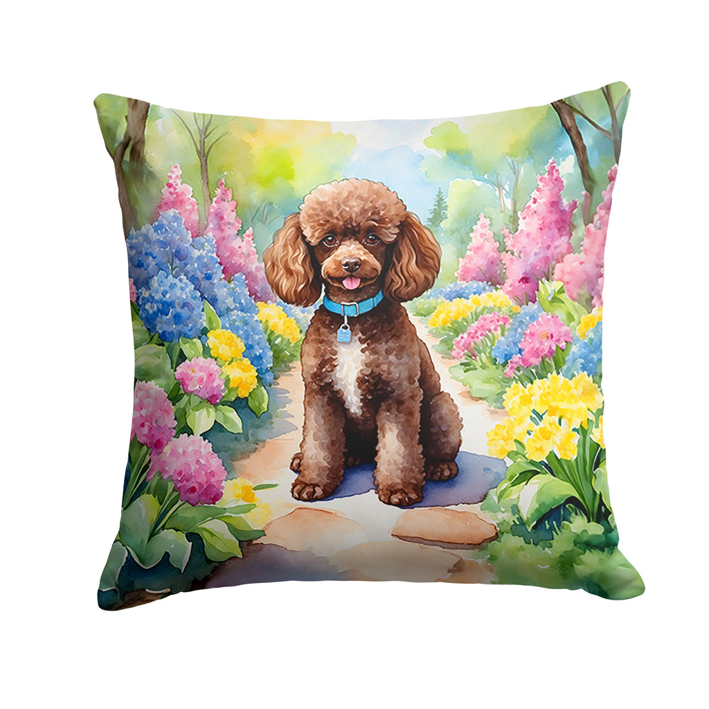 Chocolate Poodle Spring Path Decorative Throw Pillow 14x14 Indoor Outdoor Accent Cushion, Fabric Cover with Insert for Sofa, Bed, Porch & Living Room