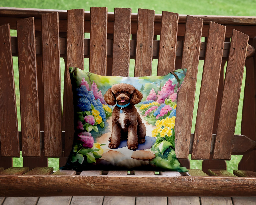 Chocolate Poodle Spring Path Decorative Throw Pillow 14x14 Indoor Outdoor Accent Cushion, Fabric Cover with Insert for Sofa, Bed, Porch & Living Room