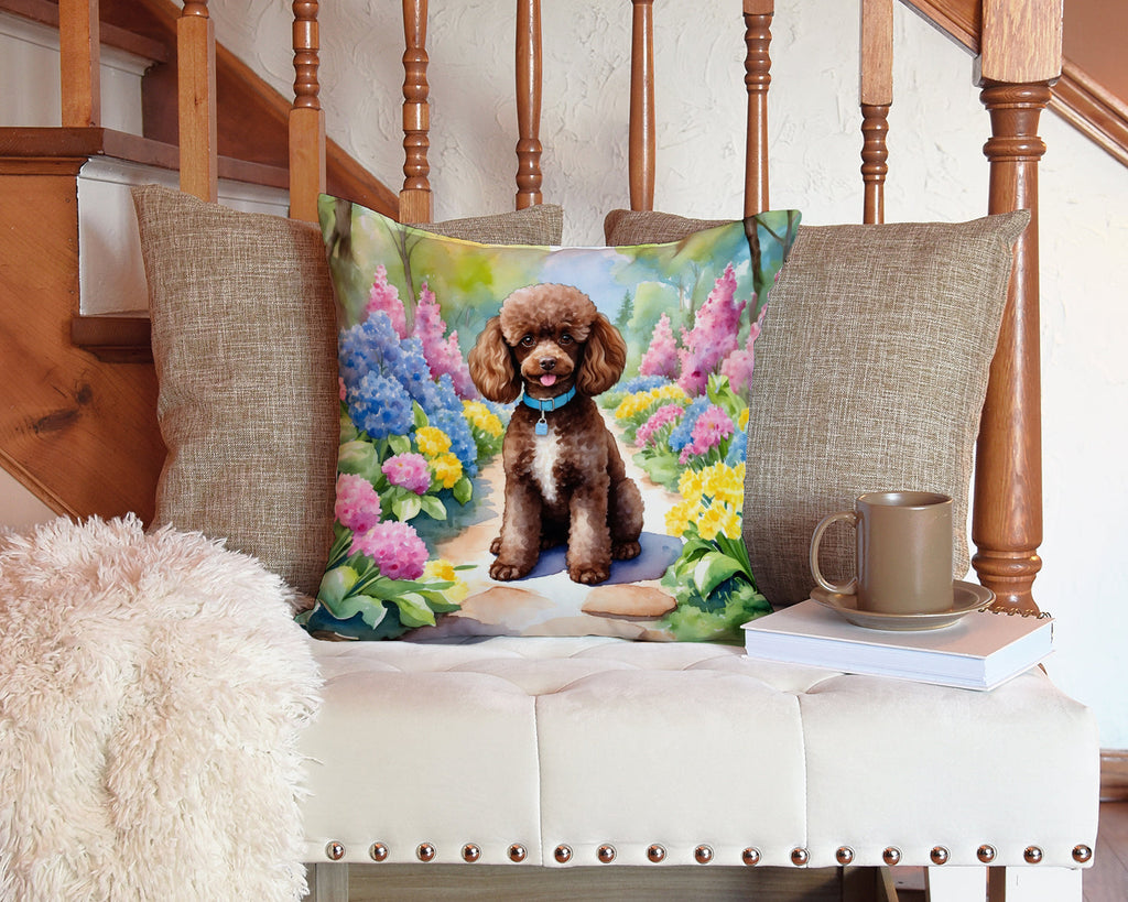 Chocolate Poodle Spring Path Decorative Throw Pillow 14x14 Indoor Outdoor Accent Cushion, Fabric Cover with Insert for Sofa, Bed, Porch & Living Room
