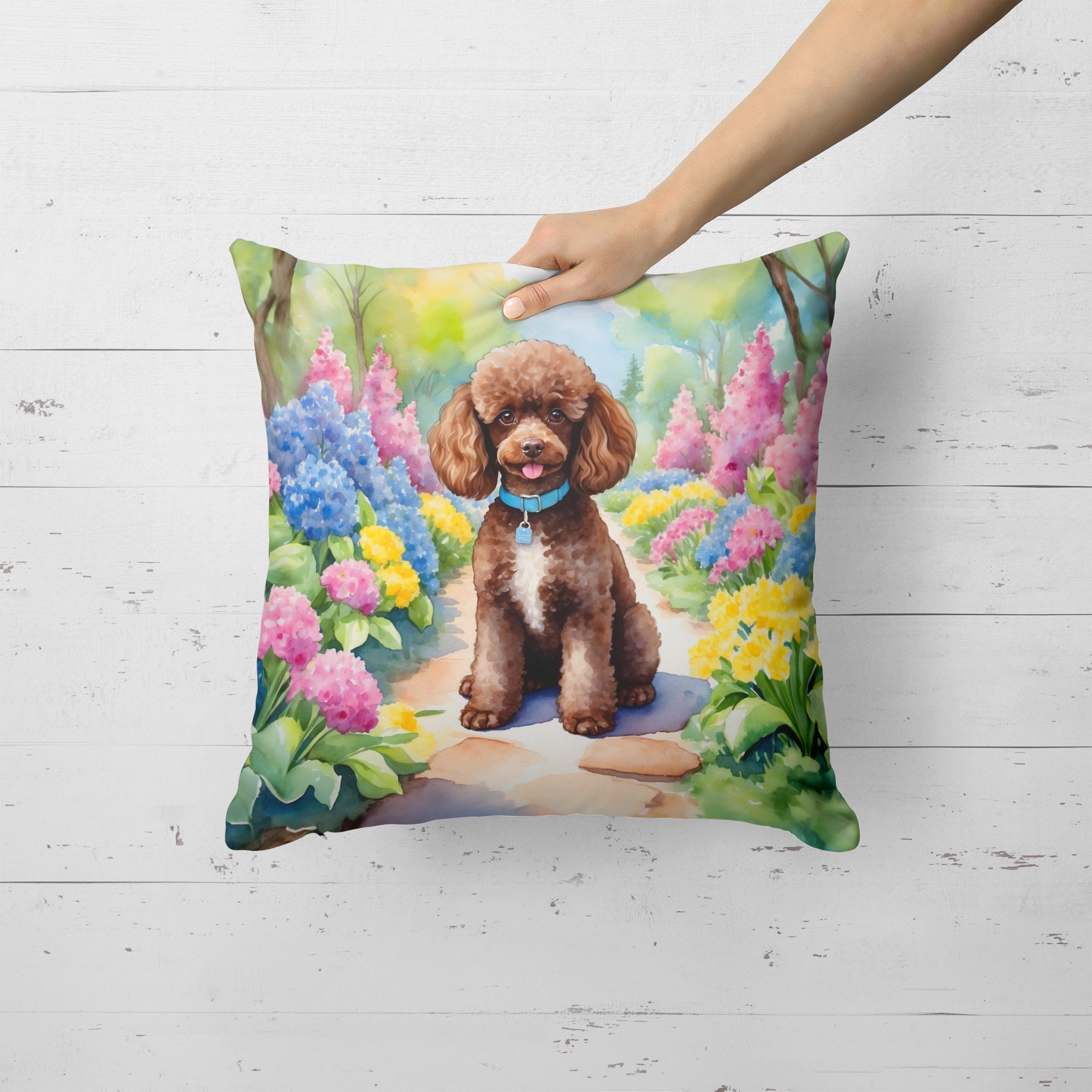 Chocolate Poodle Spring Path Decorative Throw Pillow 18x18 Indoor Outdoor Accent Cushion, Fabric Cover with Insert for Sofa, Bed, Porch & Living Room