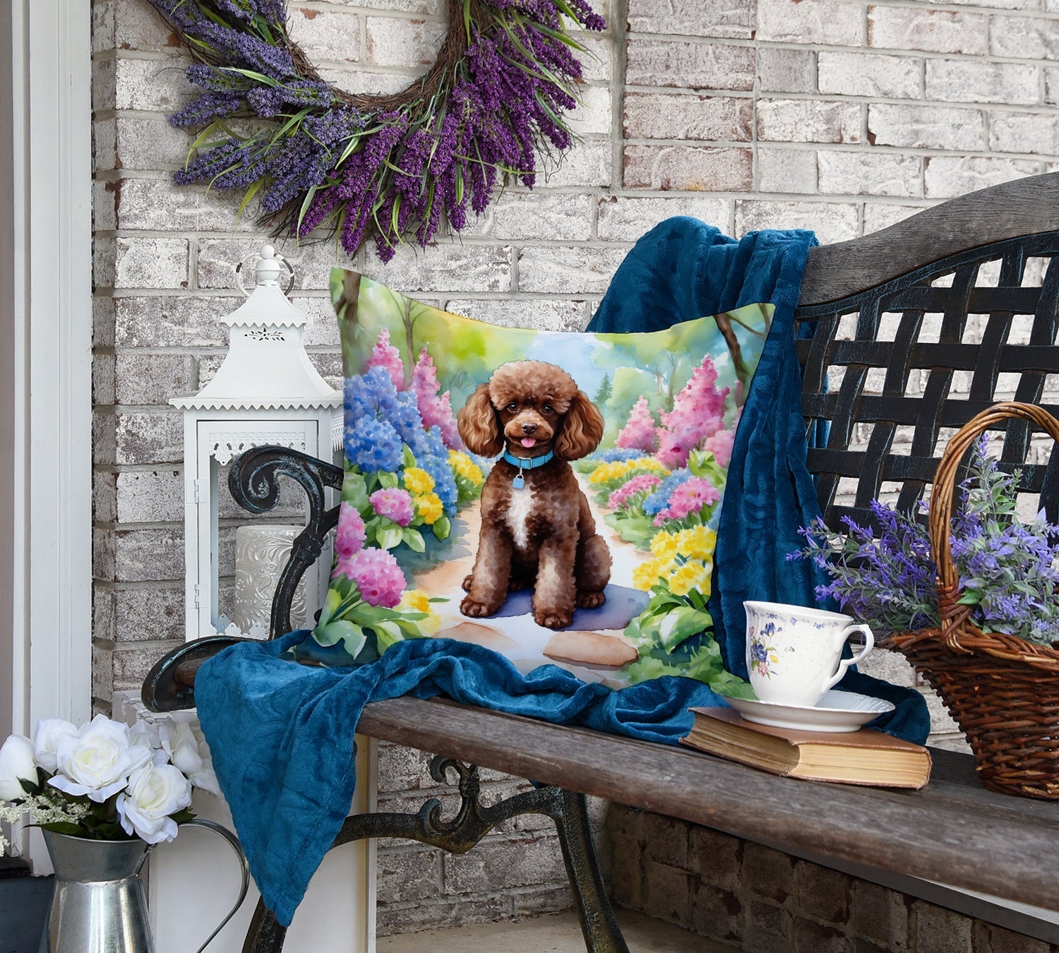 Chocolate Poodle Spring Path Decorative Throw Pillow 18x18 Indoor Outdoor Accent Cushion, Fabric Cover with Insert for Sofa, Bed, Porch & Living Room