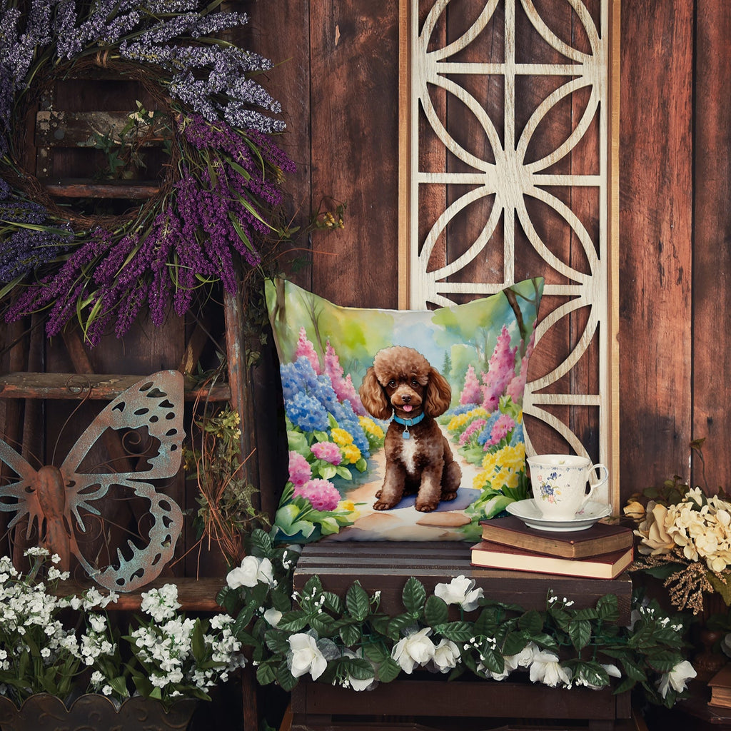 Chocolate Poodle Spring Path Decorative Throw Pillow 18x18 Indoor Outdoor Accent Cushion, Fabric Cover with Insert for Sofa, Bed, Porch & Living Room