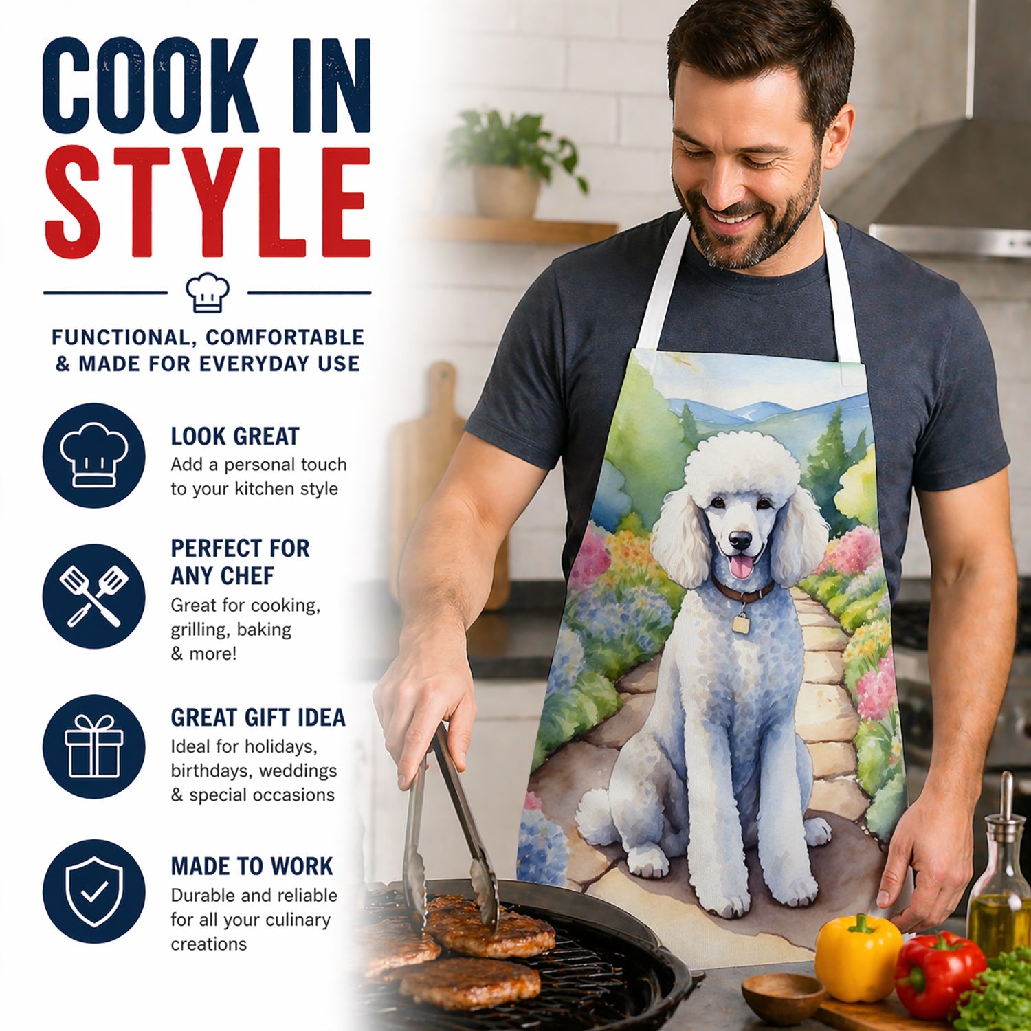 White Poodle Spring Path Apron Cooking Kitchen Server Baking Crafts Gardening for Adult Women Men, Unisex, Large, Multicolor