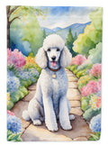 White Poodle Spring Path House Flag 28x40 Porch Sleeve Pole Decorative Outside Yard Banner Artwork Wall Hanging, Polyester