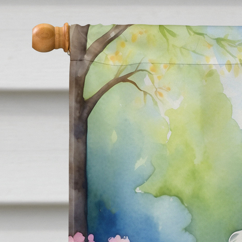 White Poodle Spring Path House Flag 28x40 Porch Sleeve Pole Decorative Outside Yard Banner Artwork Wall Hanging, Polyester