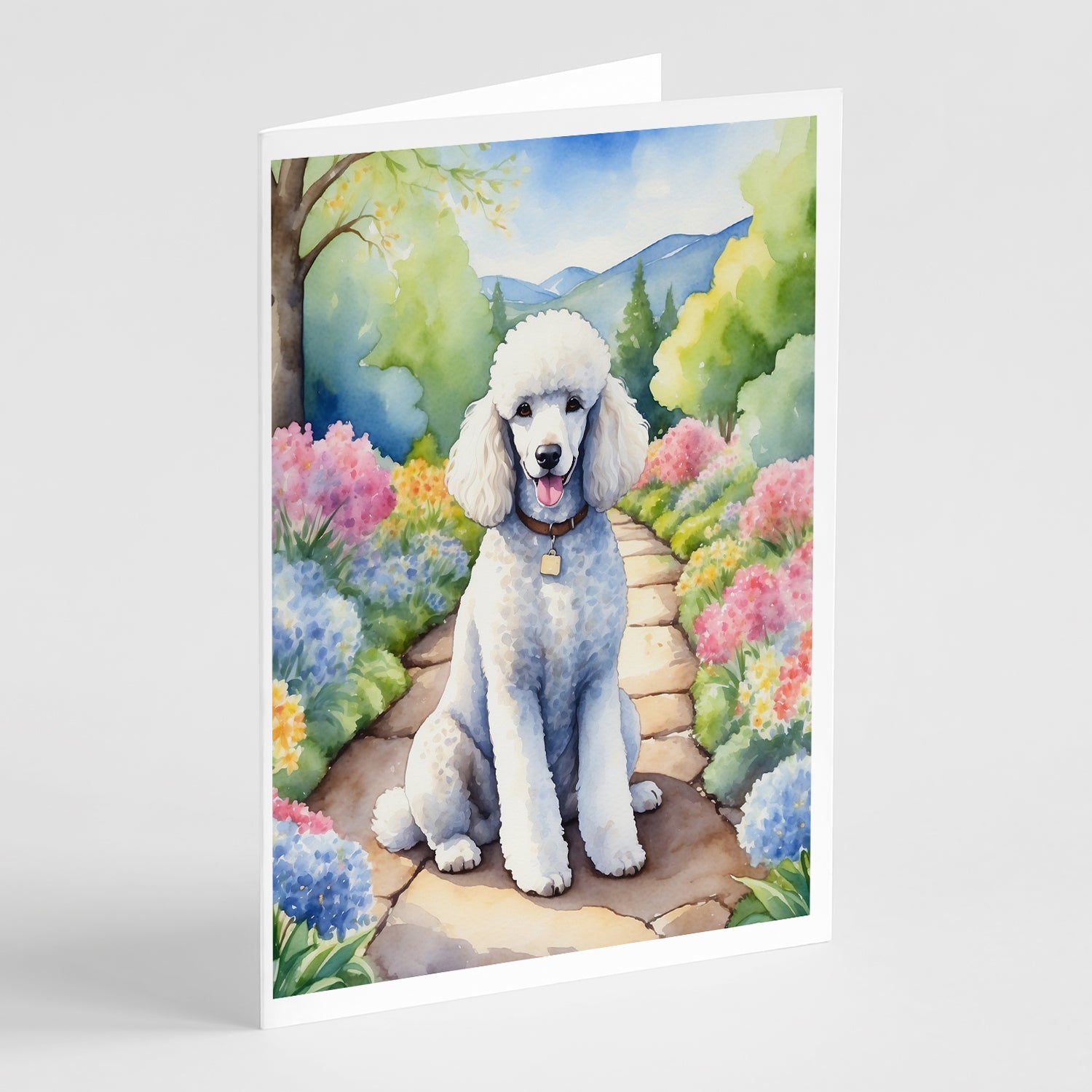 White Poodle Spring Path Greeting Cards Pack of 8 Blank Cards with Envelopes Whimsical A7 Size 5x7