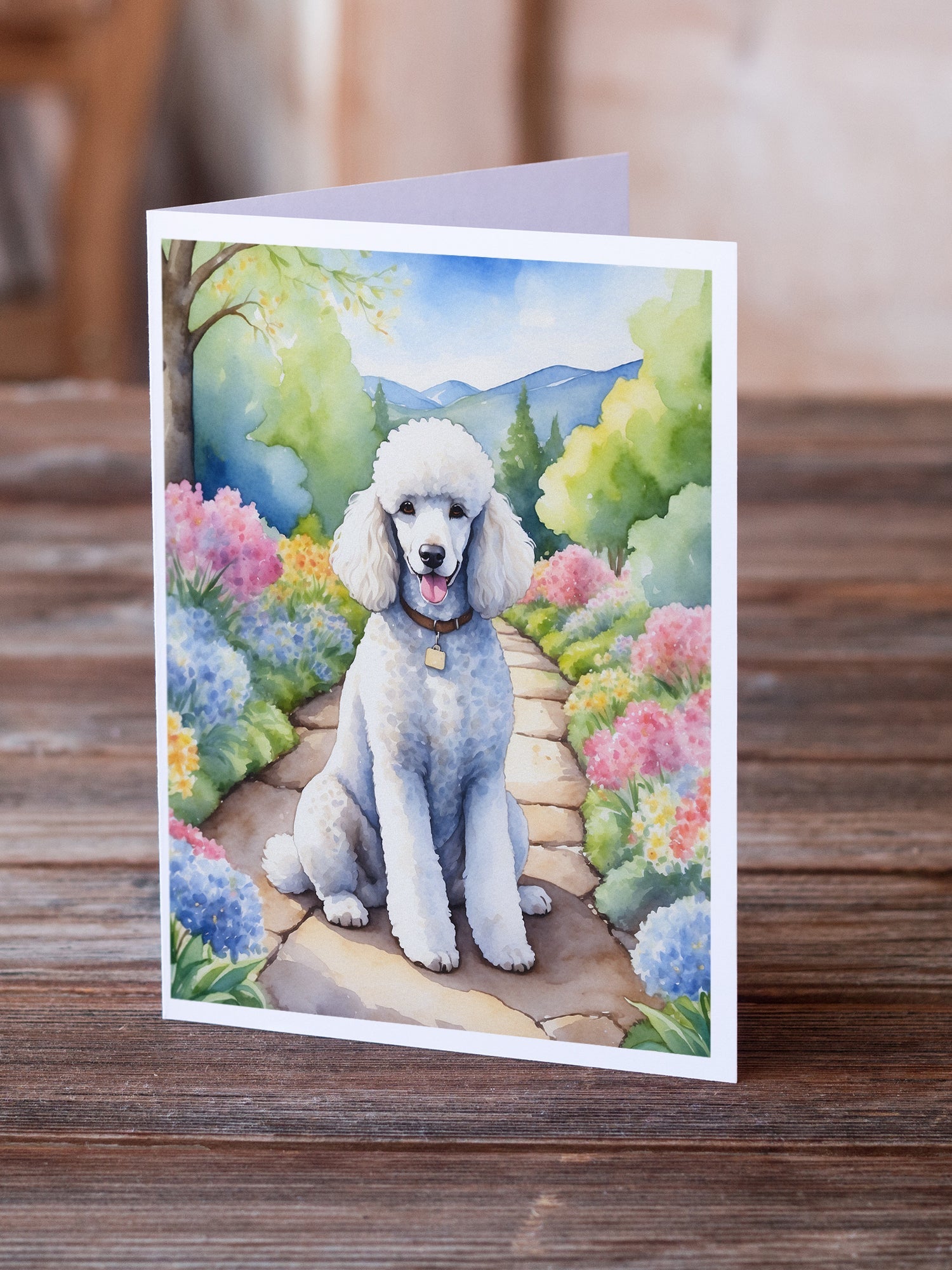 White Poodle Spring Path Greeting Cards Pack of 8 Blank Cards with Envelopes Whimsical A7 Size 5x7