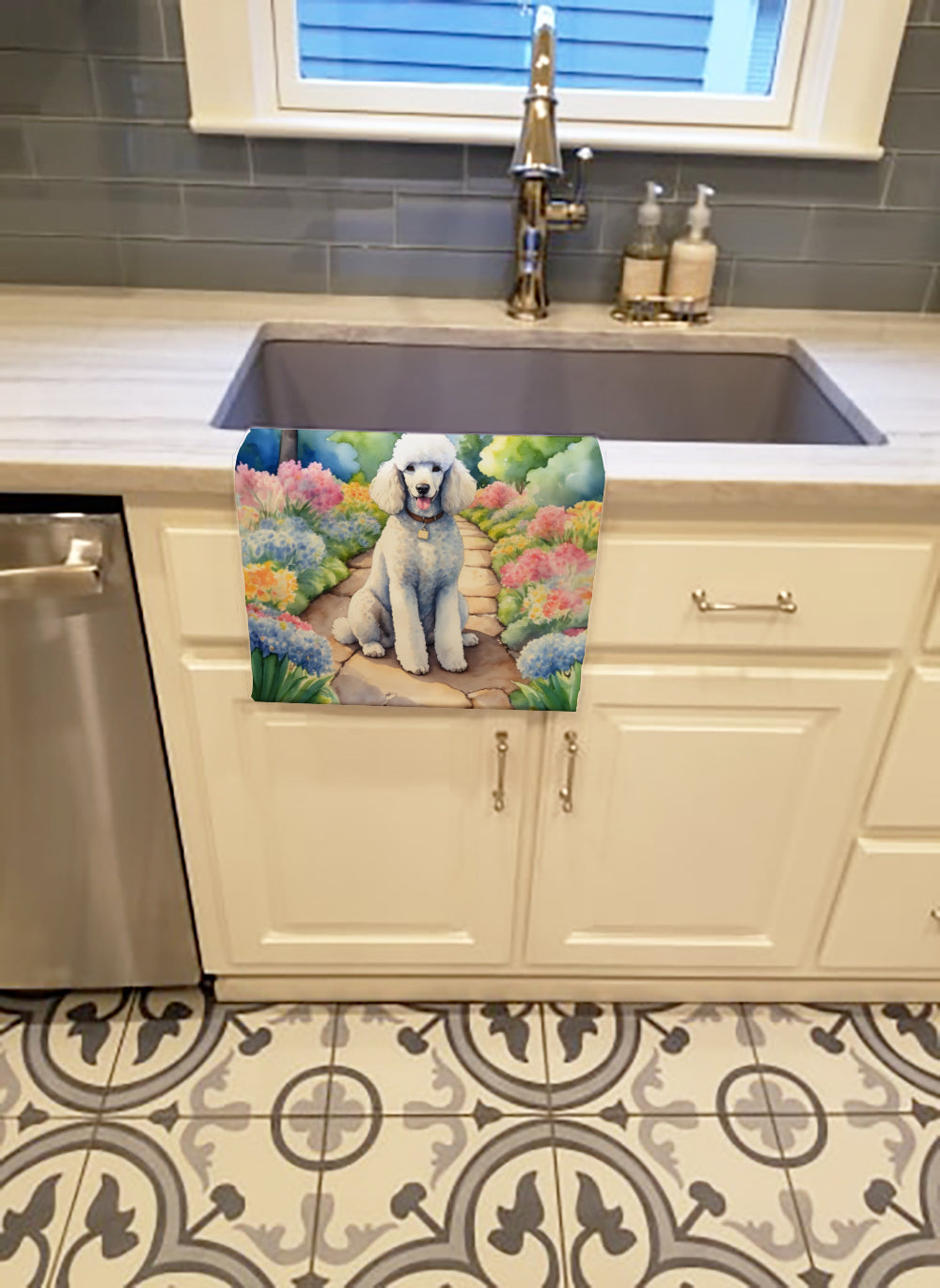 White Poodle Spring Path Kitchen Towel Velour Plush Front and Cotton Loop Back Machine Washable