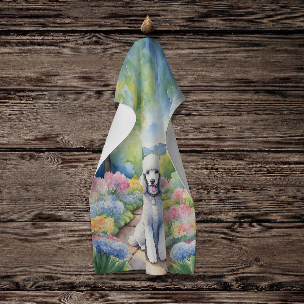 White Poodle Spring Path Kitchen Towel Velour Plush Front and Cotton Loop Back Machine Washable