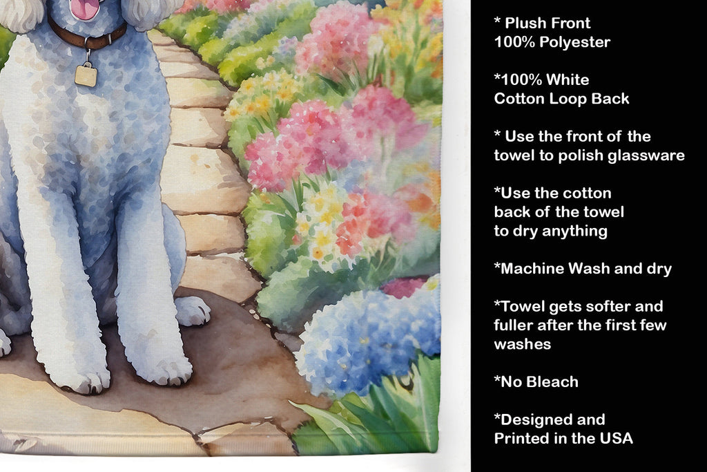 White Poodle Spring Path Kitchen Towel Velour Plush Front and Cotton Loop Back Machine Washable