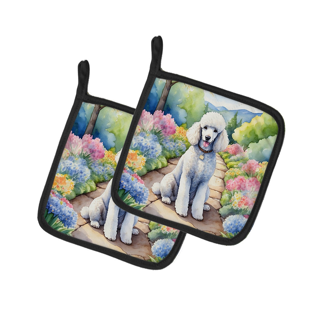 White Poodle Spring Path Pot Holder Set of 2 Heat Resistant Quilted Hot Pads 7.5 x 7.5 Inch, Insulated Kitchen Trivets for Cooking & Baking