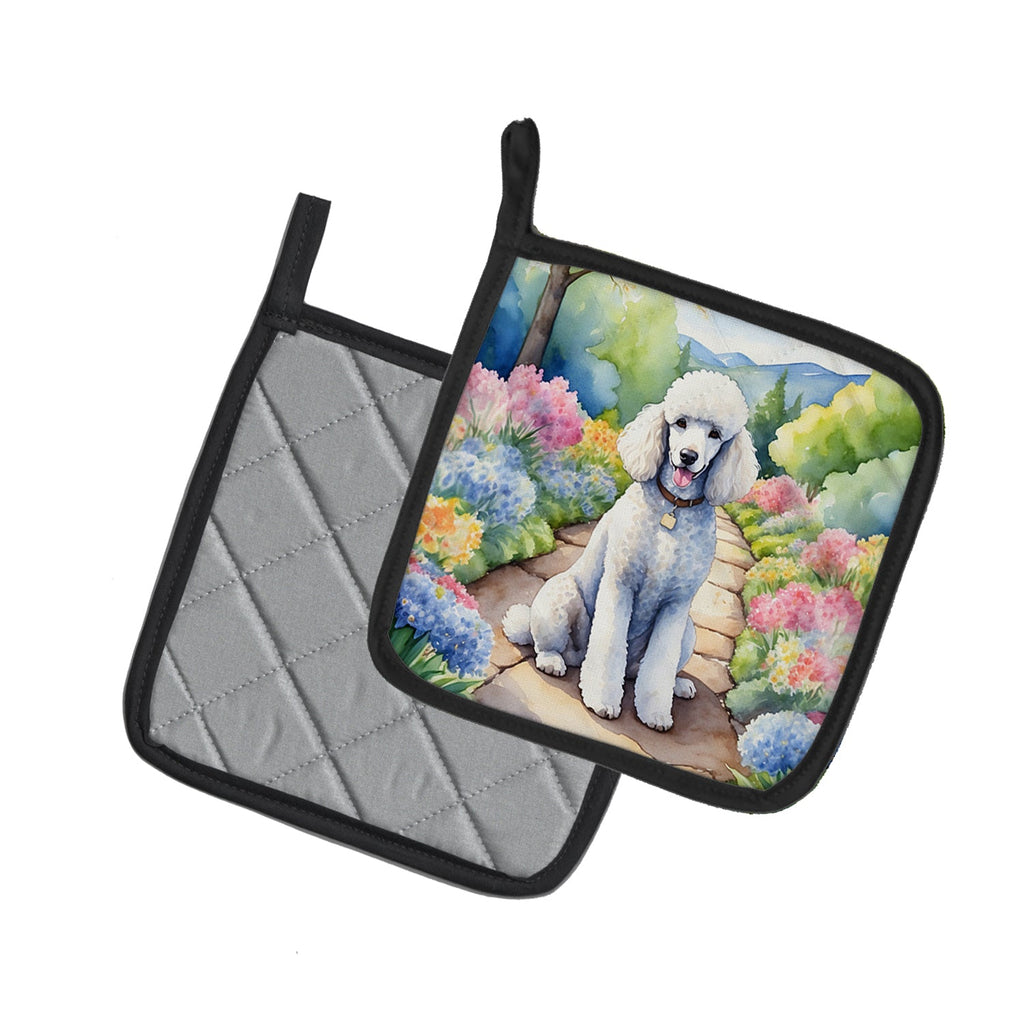 White Poodle Spring Path Pot Holder Set of 2 Heat Resistant Quilted Hot Pads 7.5 x 7.5 Inch, Insulated Kitchen Trivets for Cooking & Baking