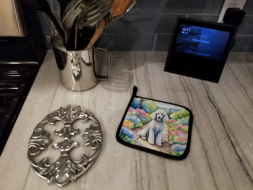 White Poodle Spring Path Pot Holder Set of 2 Heat Resistant Quilted Hot Pads 7.5 x 7.5 Inch, Insulated Kitchen Trivets for Cooking & Baking
