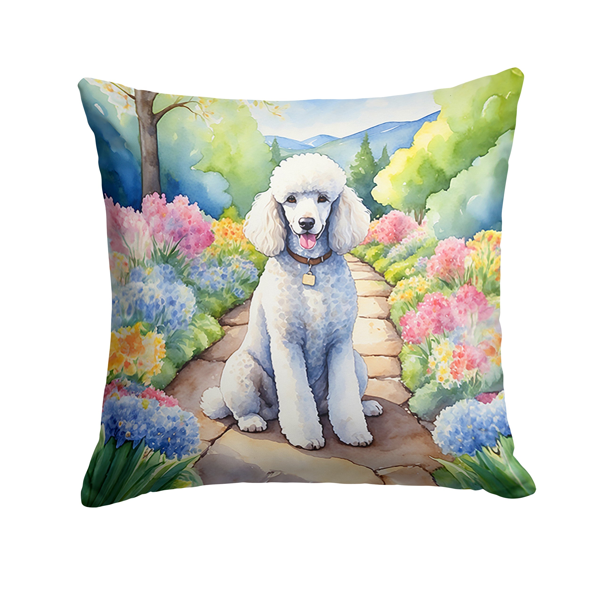 White Poodle Spring Path Decorative Throw Pillow 18x18 Indoor Outdoor Accent Cushion, Fabric Cover with Insert for Sofa, Bed, Porch & Living Room