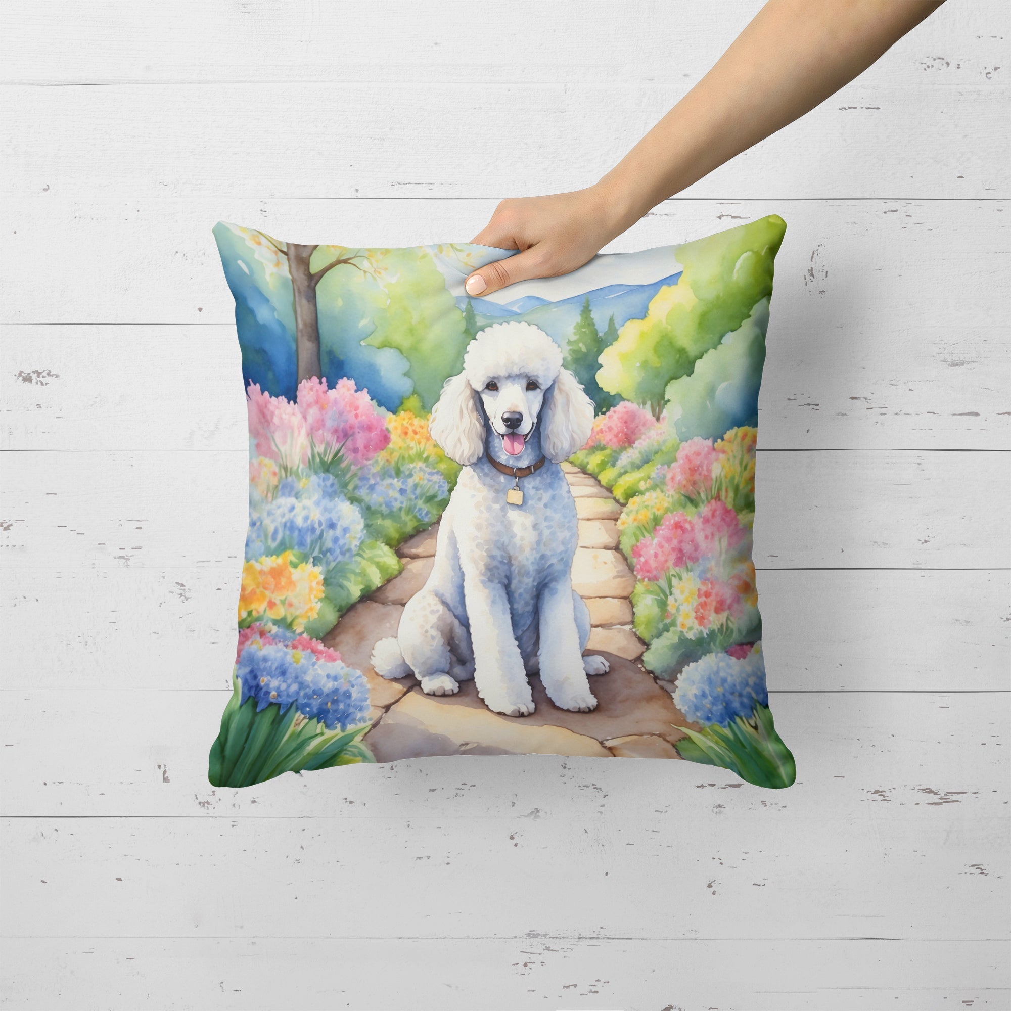 White Poodle Spring Path Decorative Throw Pillow 18x18 Indoor Outdoor Accent Cushion, Fabric Cover with Insert for Sofa, Bed, Porch & Living Room