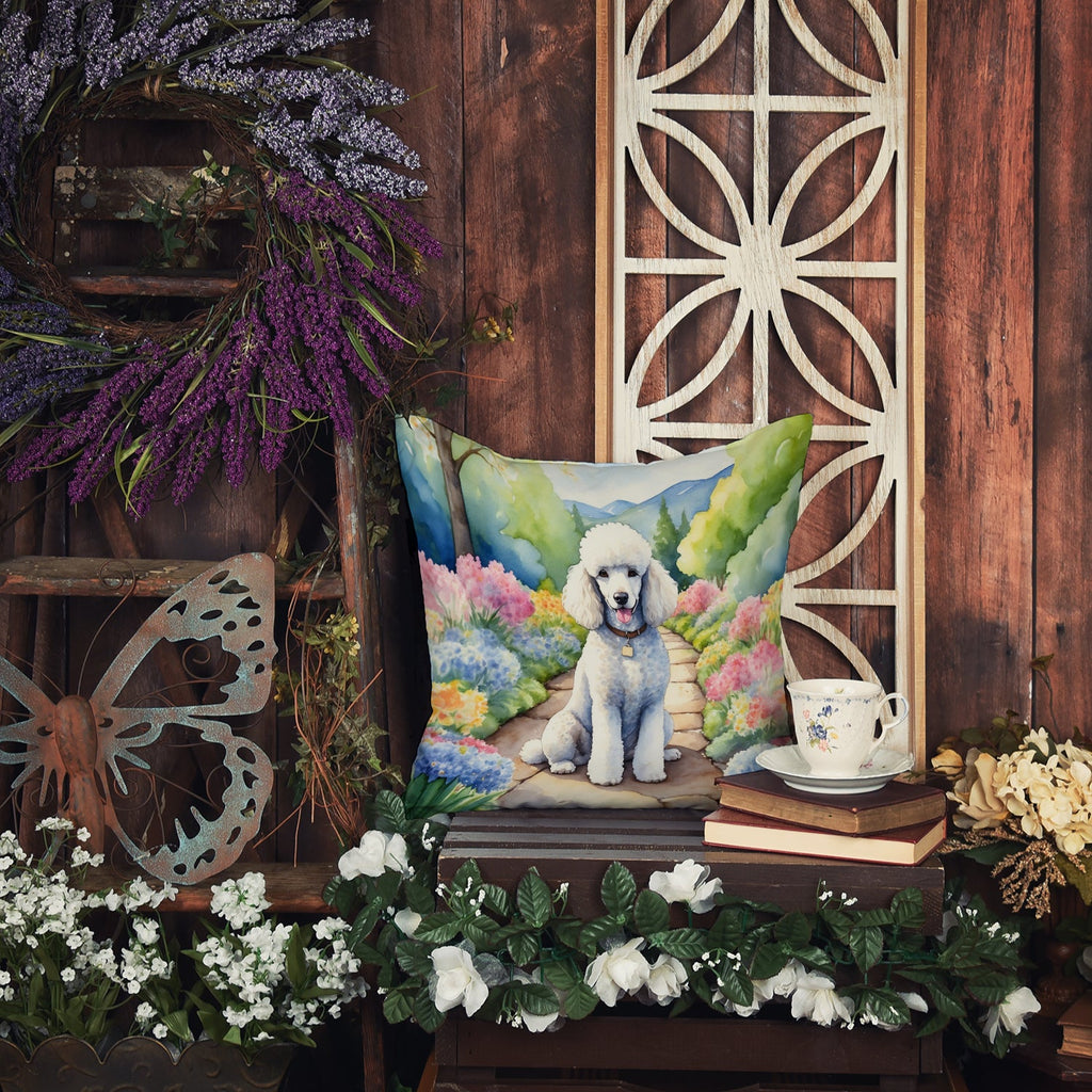 White Poodle Spring Path Decorative Throw Pillow 18x18 Indoor Outdoor Accent Cushion, Fabric Cover with Insert for Sofa, Bed, Porch & Living Room