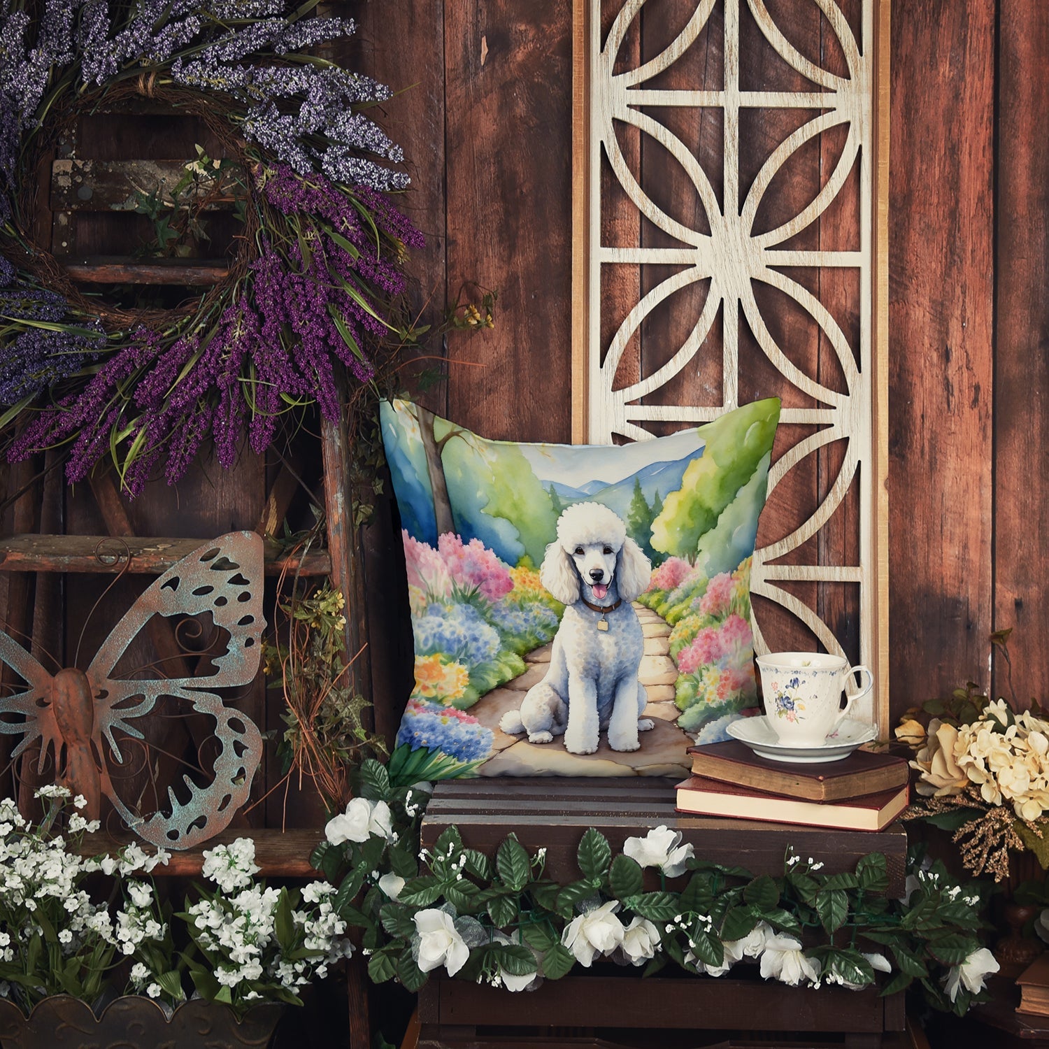 White Poodle Spring Path Decorative Throw Pillow 18x18 Indoor Outdoor Accent Cushion, Fabric Cover with Insert for Sofa, Bed, Porch & Living Room