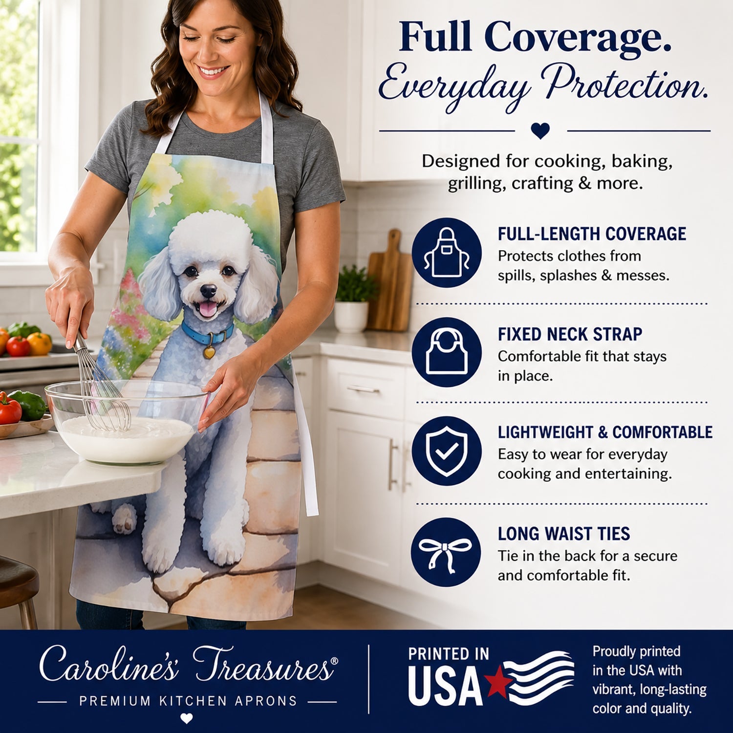 White Poodle Spring Path Apron Cooking Kitchen Server Baking Crafts Gardening for Adult Women Men, Unisex, Large, Multicolor