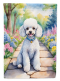 White Poodle Spring Path House Flag 28x40 Porch Sleeve Pole Decorative Outside Yard Banner Artwork Wall Hanging, Polyester