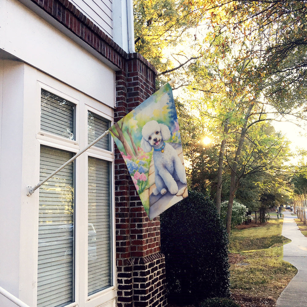 White Poodle Spring Path House Flag 28x40 Porch Sleeve Pole Decorative Outside Yard Banner Artwork Wall Hanging, Polyester