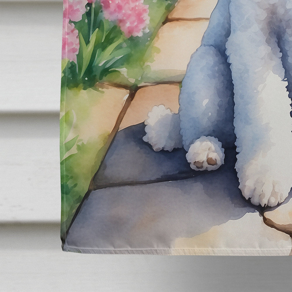 White Poodle Spring Path House Flag 28x40 Porch Sleeve Pole Decorative Outside Yard Banner Artwork Wall Hanging, Polyester