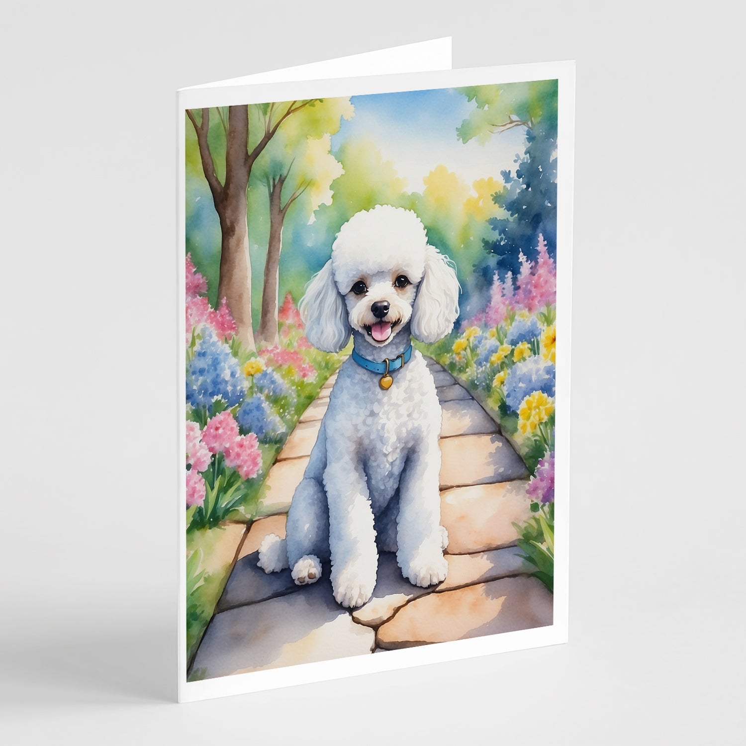 White Poodle Spring Path Greeting Cards Pack of 8 Blank Cards with Envelopes Whimsical A7 Size 5x7
