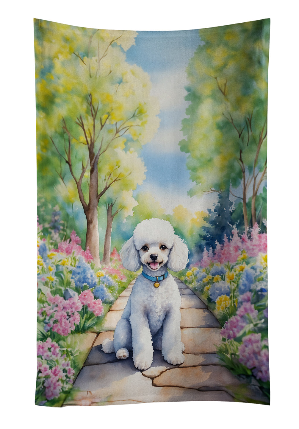 White Poodle Spring Path Kitchen Towel Velour Plush Front and Cotton Loop Back Machine Washable