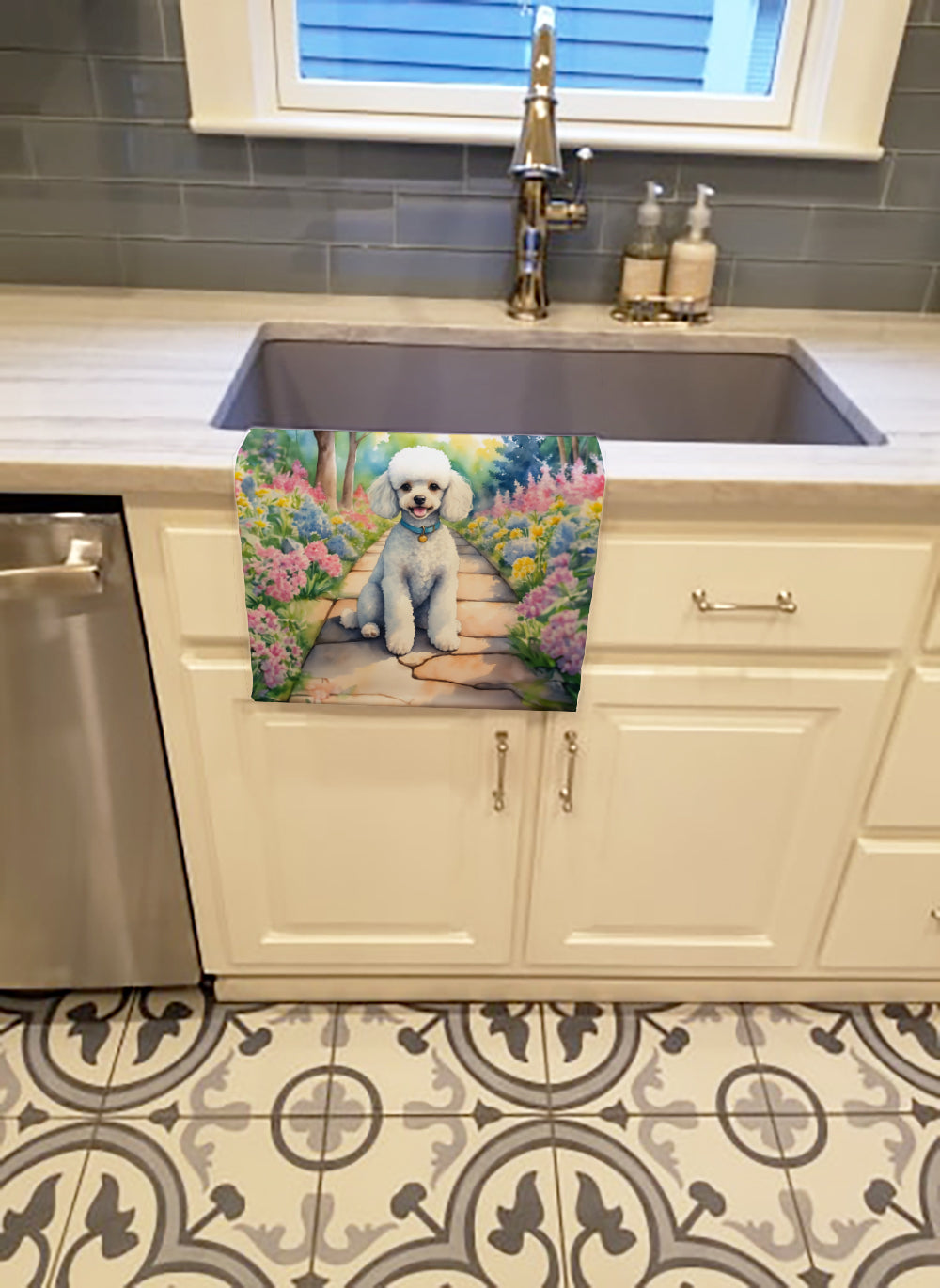 White Poodle Spring Path Kitchen Towel Velour Plush Front and Cotton Loop Back Machine Washable