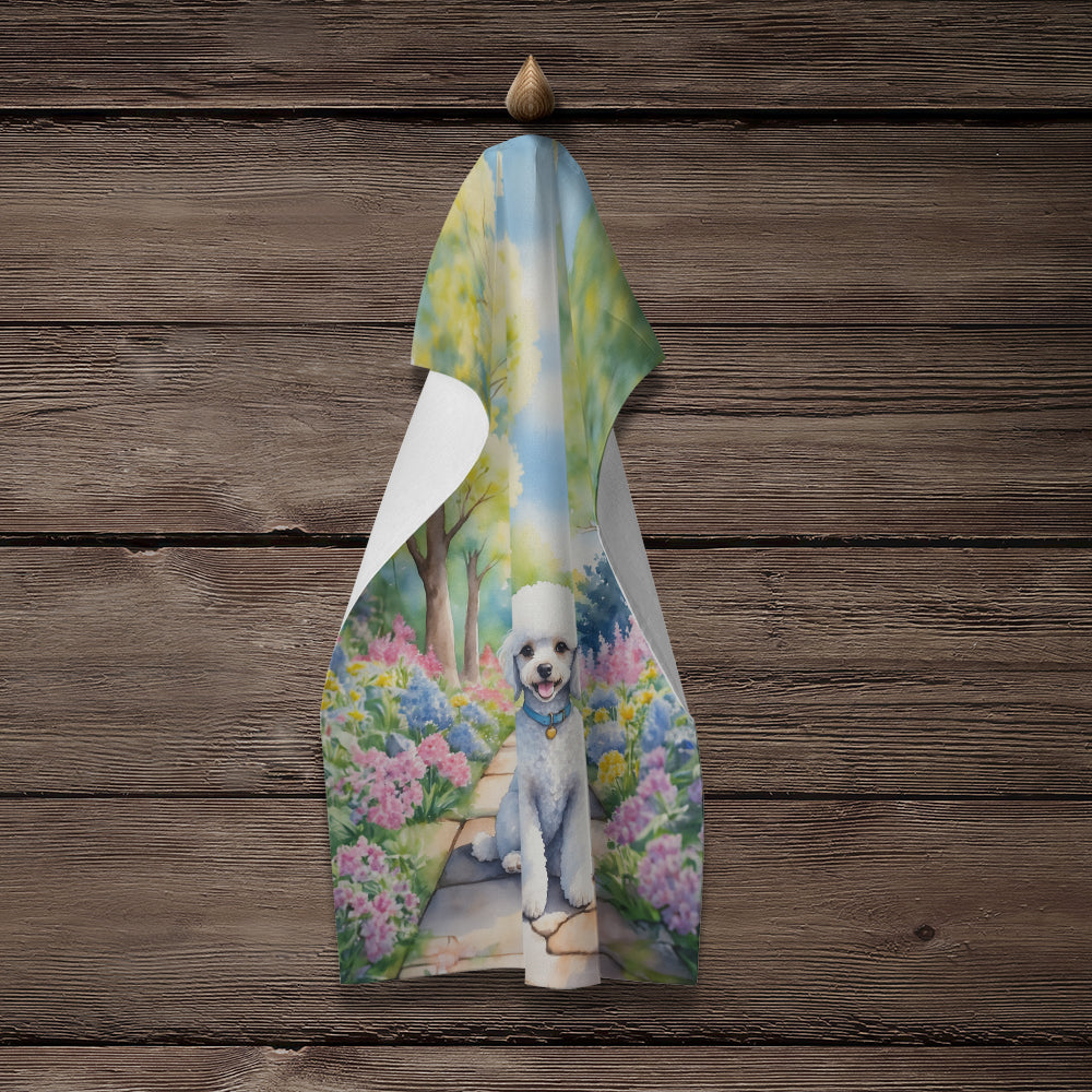 White Poodle Spring Path Kitchen Towel Velour Plush Front and Cotton Loop Back Machine Washable