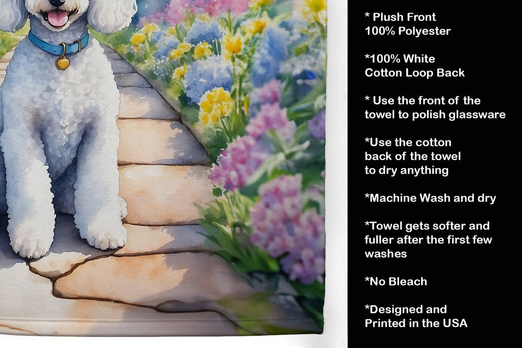 White Poodle Spring Path Kitchen Towel Velour Plush Front and Cotton Loop Back Machine Washable