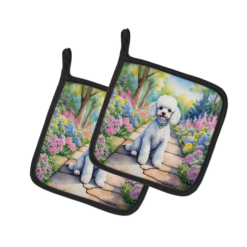 White Poodle Spring Path Pot Holder Set of 2 Heat Resistant Quilted Hot Pads 7.5 x 7.5 Inch, Insulated Kitchen Trivets for Cooking & Baking