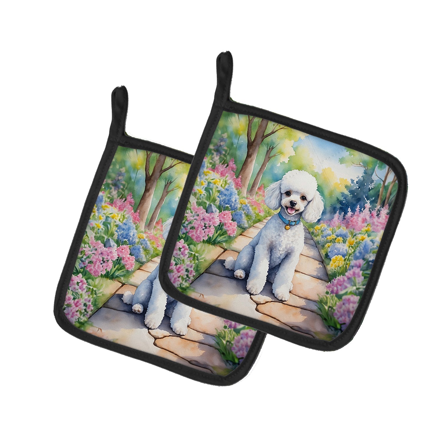 White Poodle Spring Path Pot Holder Set of 2 Heat Resistant Quilted Hot Pads 7.5 x 7.5 Inch, Insulated Kitchen Trivets for Cooking & Baking