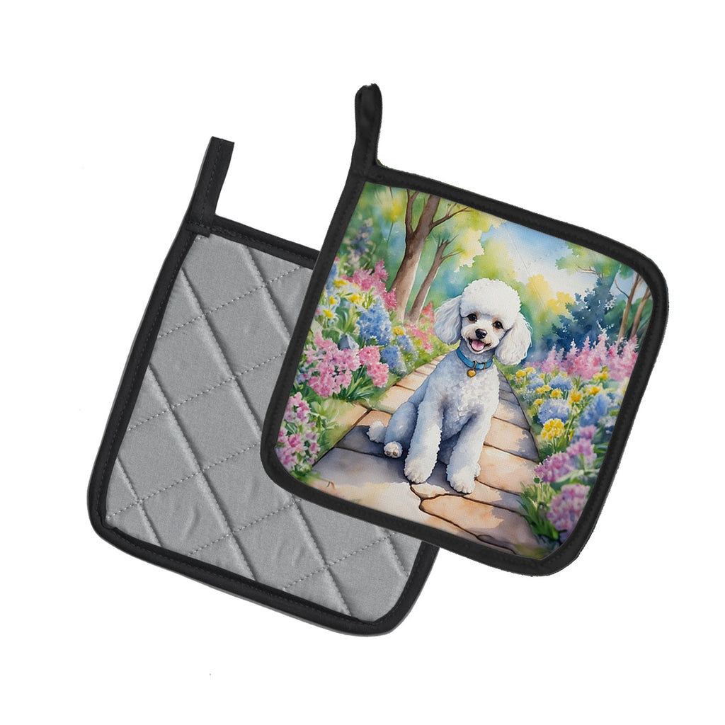 White Poodle Spring Path Pot Holder Set of 2 Heat Resistant Quilted Hot Pads 7.5 x 7.5 Inch, Insulated Kitchen Trivets for Cooking & Baking