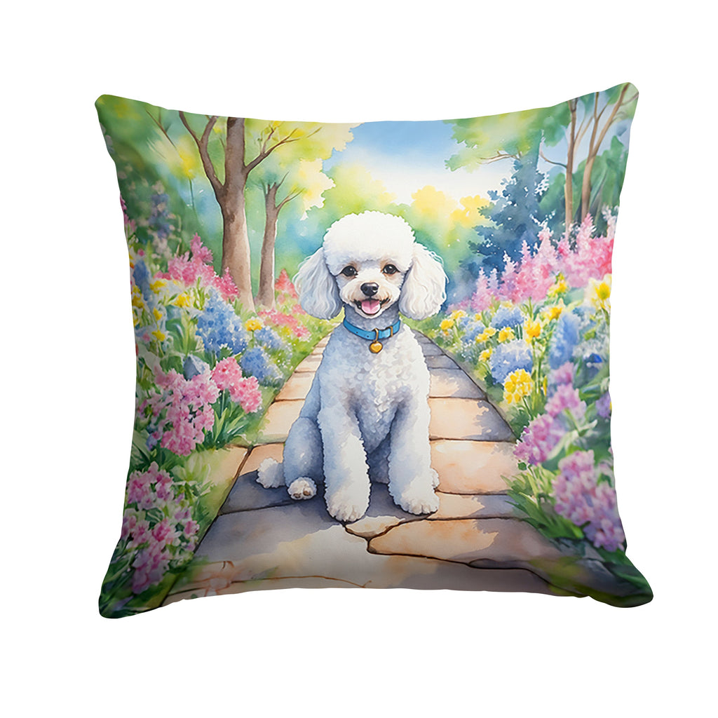 White Poodle Spring Path Decorative Throw Pillow 18x18 Indoor Outdoor Accent Cushion, Fabric Cover with Insert for Sofa, Bed, Porch & Living Room