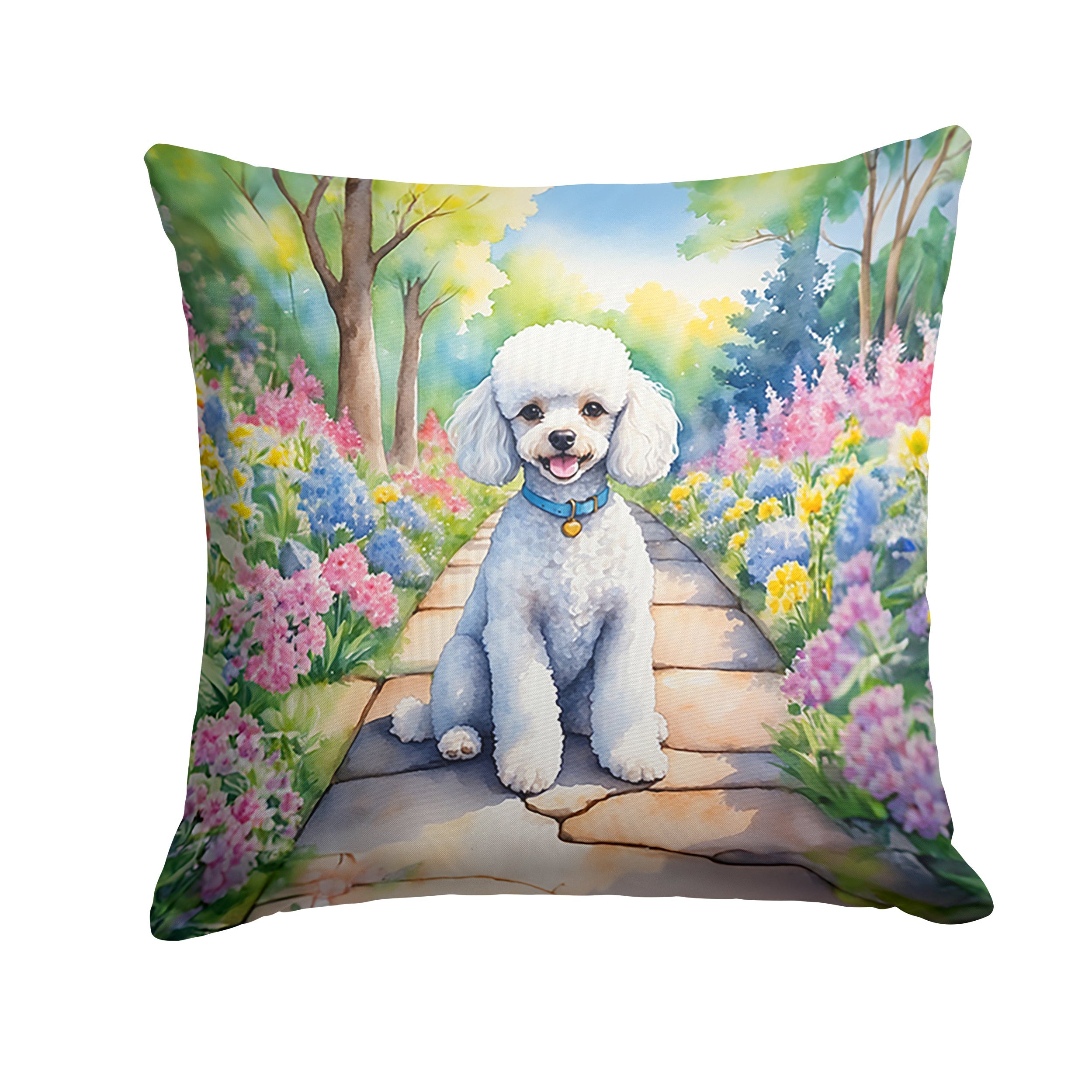 White Poodle Spring Path Decorative Throw Pillow 18x18 Indoor Outdoor Accent Cushion, Fabric Cover with Insert for Sofa, Bed, Porch & Living Room