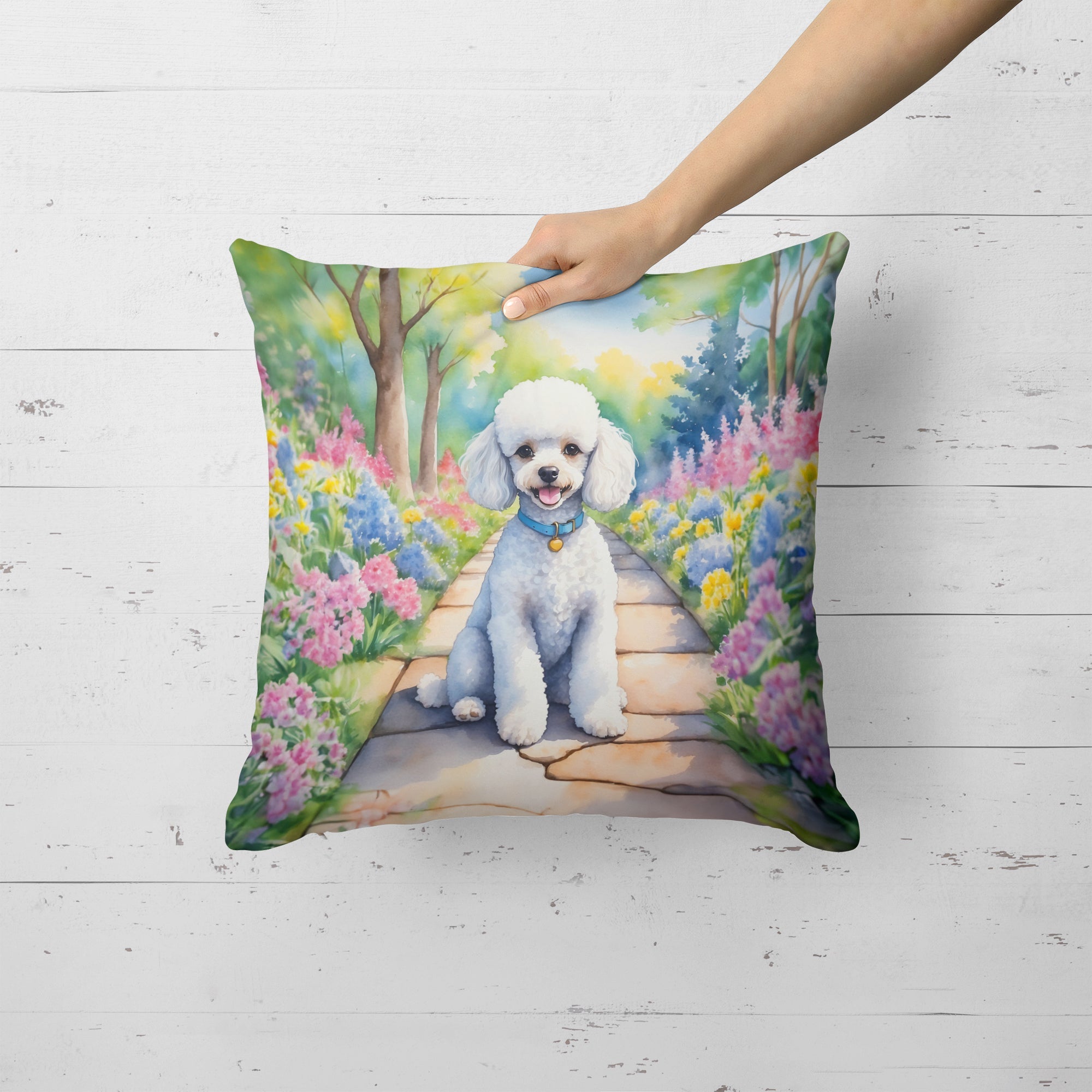 White Poodle Spring Path Decorative Throw Pillow 18x18 Indoor Outdoor Accent Cushion, Fabric Cover with Insert for Sofa, Bed, Porch & Living Room