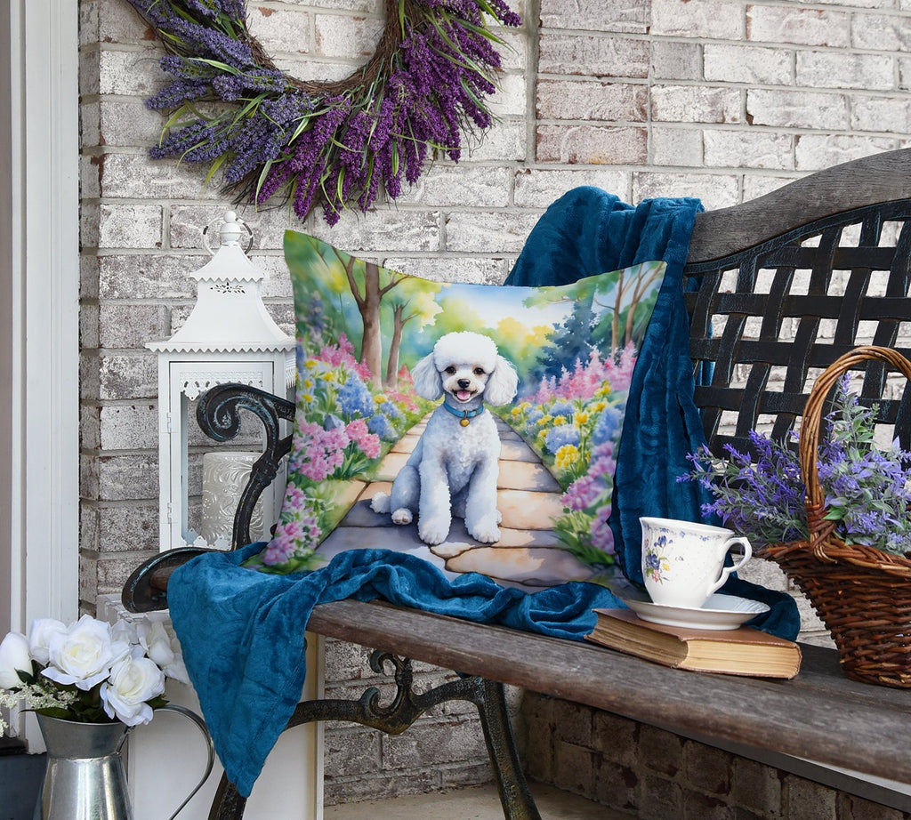 White Poodle Spring Path Decorative Throw Pillow 18x18 Indoor Outdoor Accent Cushion, Fabric Cover with Insert for Sofa, Bed, Porch & Living Room