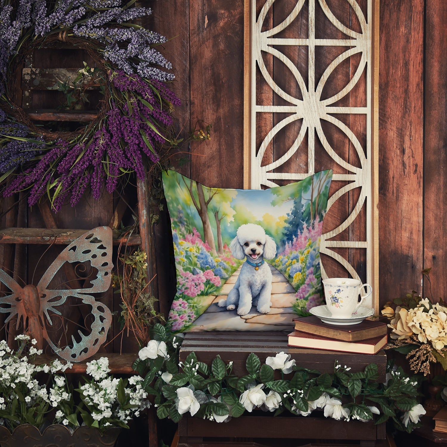 White Poodle Spring Path Decorative Throw Pillow 18x18 Indoor Outdoor Accent Cushion, Fabric Cover with Insert for Sofa, Bed, Porch & Living Room