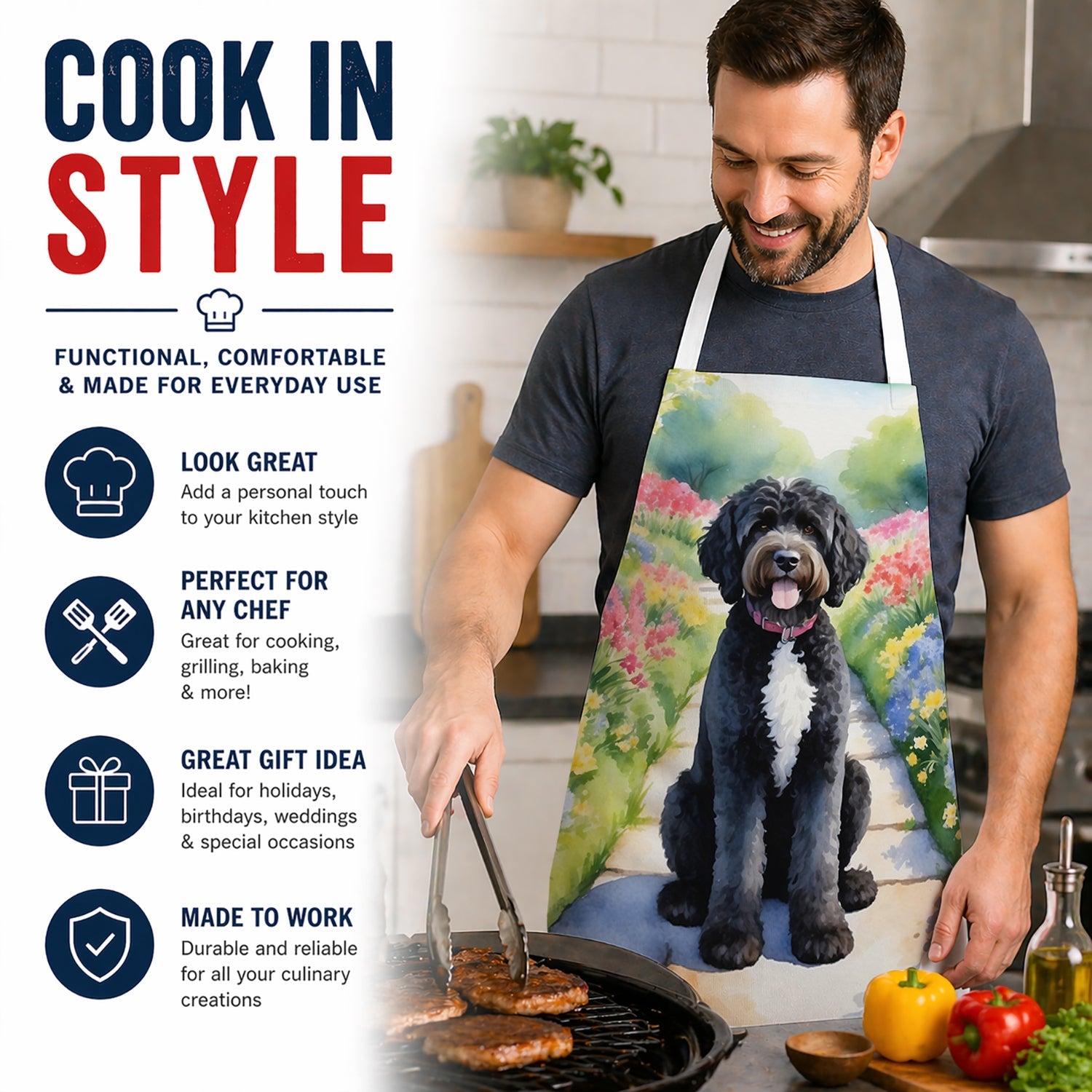 Portuguese Water Dog Spring Path Apron Cooking Kitchen Server Baking Crafts Gardening for Adult Women Men, Unisex, Large, Multicolor