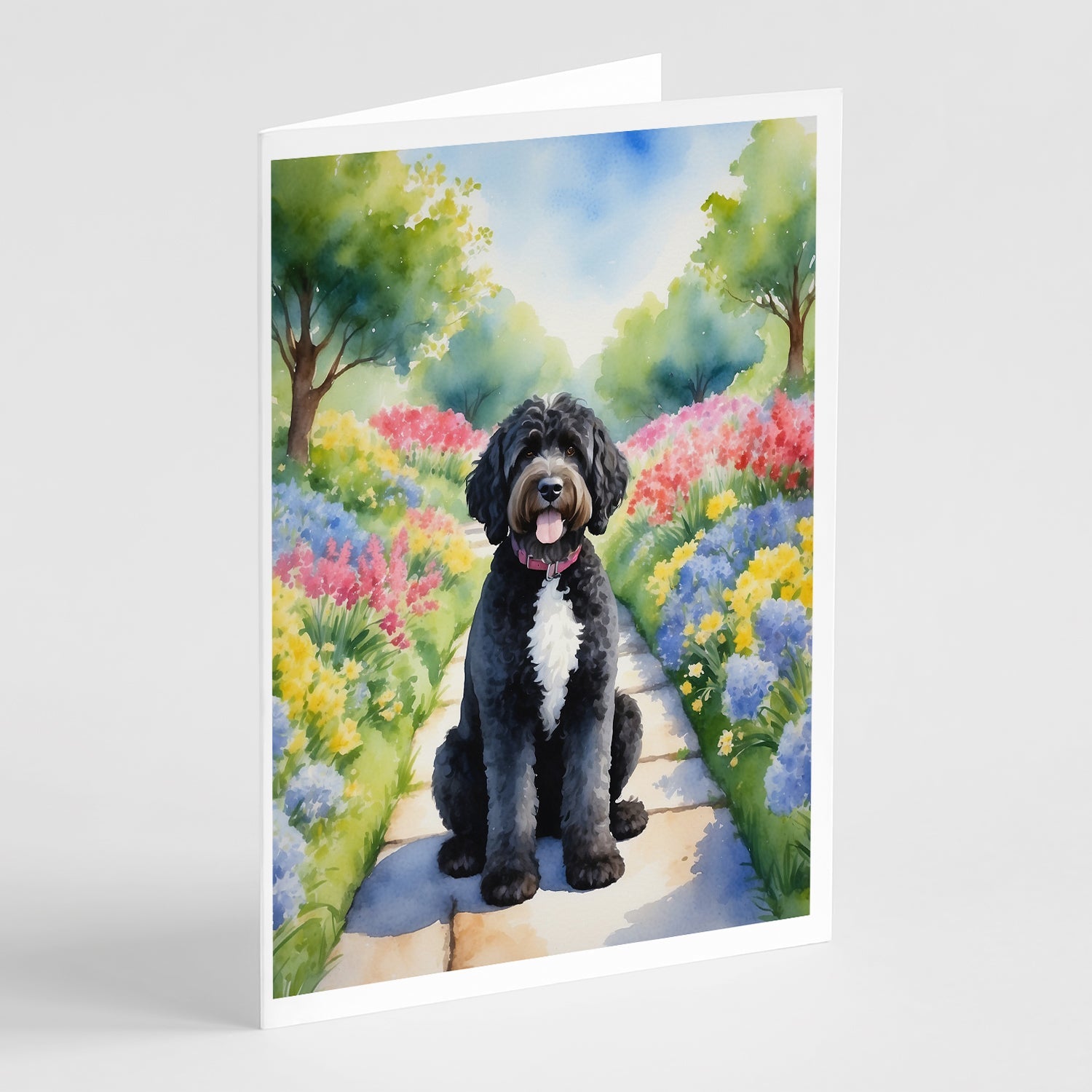 Portuguese Water Dog Spring Path Greeting Cards Pack of 8 Blank Cards with Envelopes Whimsical A7 Size 5x7