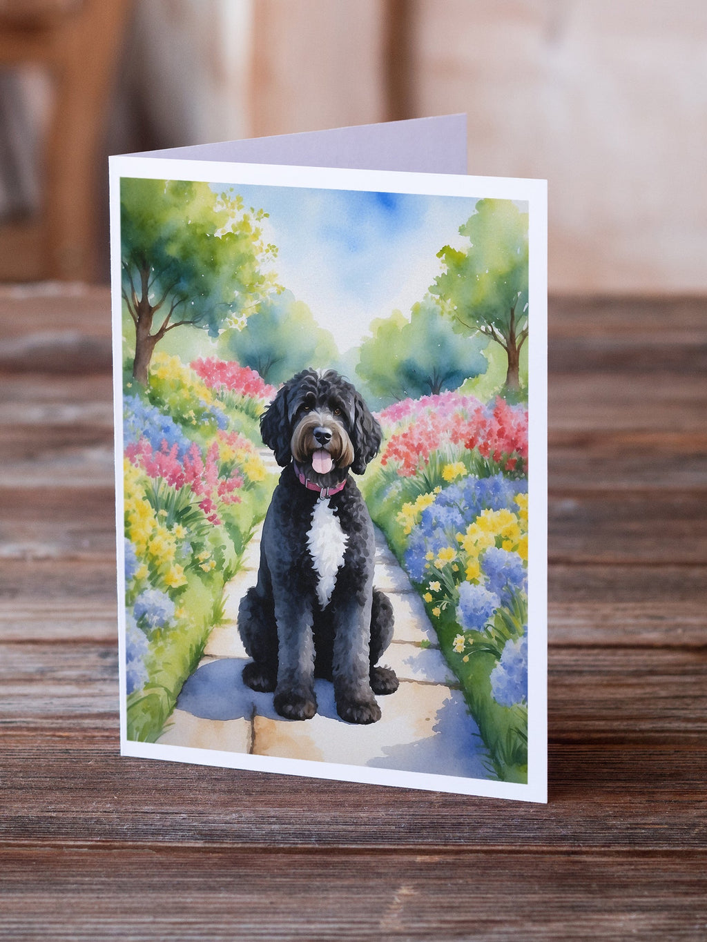 Portuguese Water Dog Spring Path Greeting Cards Pack of 8 Blank Cards with Envelopes Whimsical A7 Size 5x7