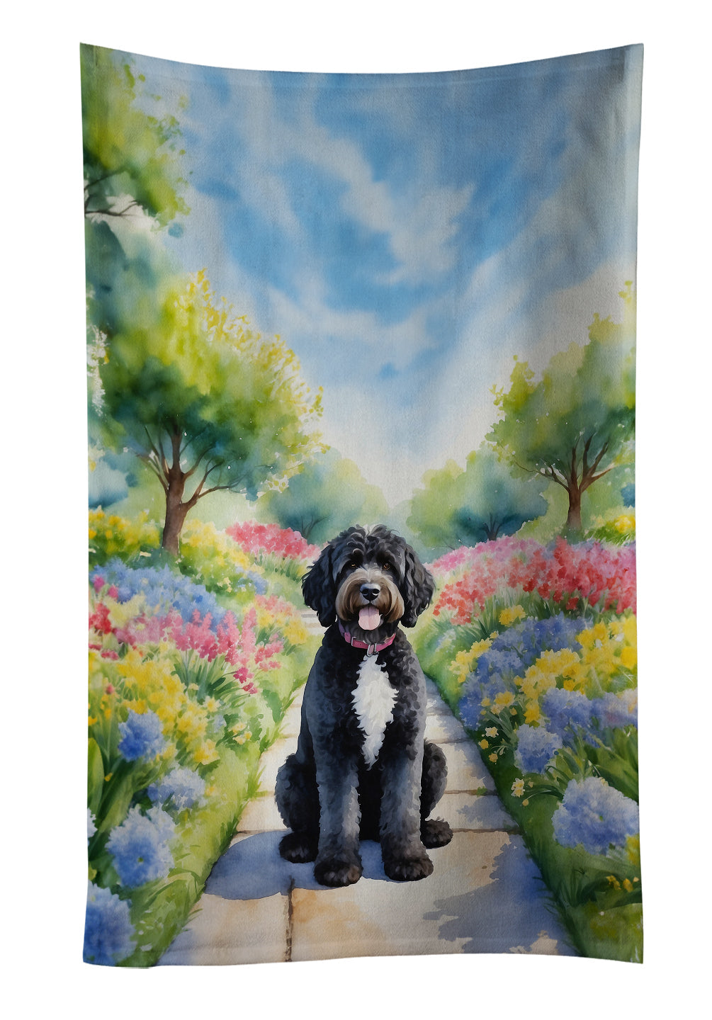 Portuguese Water Dog Spring Path Kitchen Towel Velour Plush Front and Cotton Loop Back Machine Washable