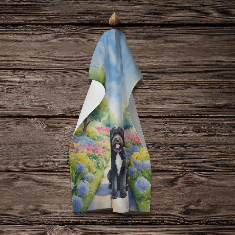 Portuguese Water Dog Spring Path Kitchen Towel Velour Plush Front and Cotton Loop Back Machine Washable