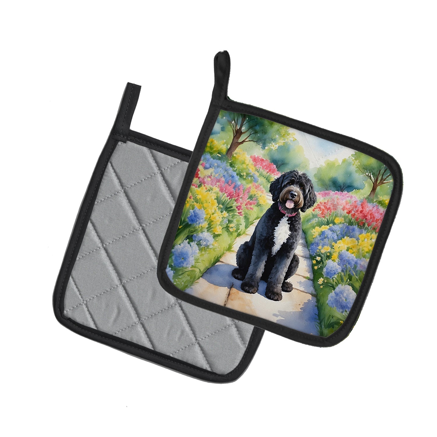 Portuguese Water Dog Spring Path Pot Holder Set of 2 Heat Resistant Quilted Hot Pads 7.5 x 7.5 Inch, Insulated Kitchen Trivets for Cooking & Baking