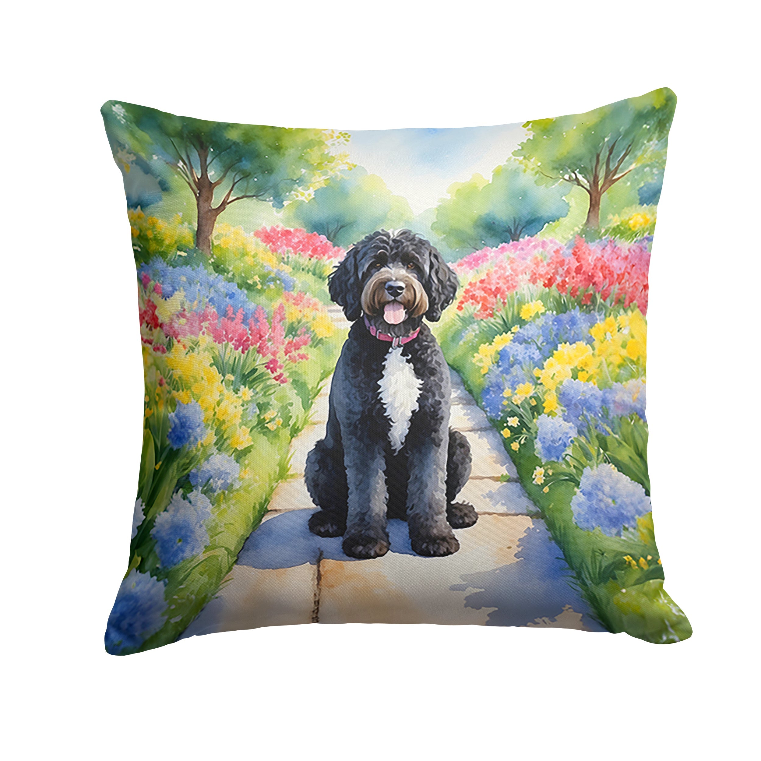 Portuguese Water Dog Spring Path Decorative Throw Pillow 18x18 Indoor Outdoor Accent Cushion, Fabric Cover with Insert for Sofa, Bed, Porch & Living Room