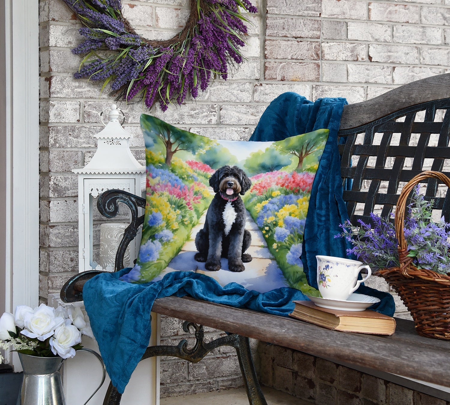 Portuguese Water Dog Spring Path Decorative Throw Pillow 18x18 Indoor Outdoor Accent Cushion, Fabric Cover with Insert for Sofa, Bed, Porch & Living Room